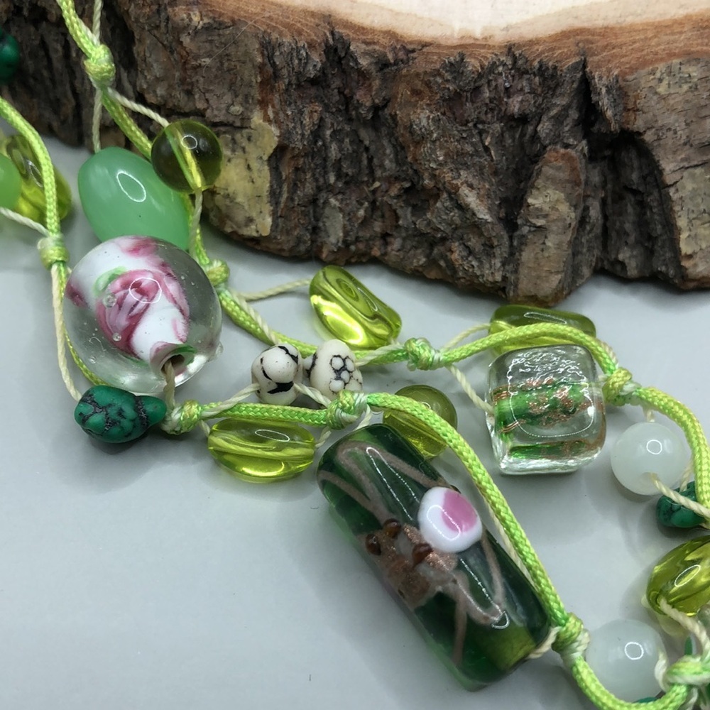Venetian Murano style art glass double thread layered boho necklace fairy forest - Picture 3 of 6